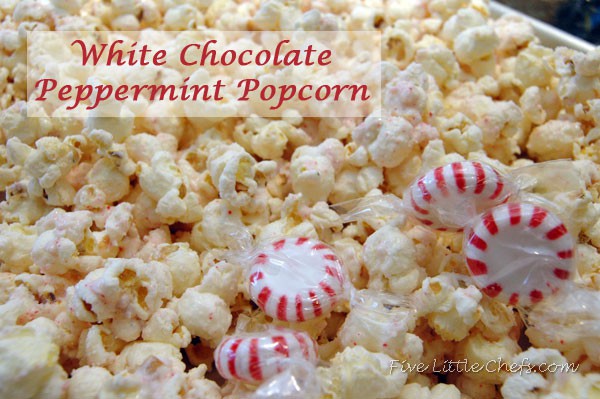 White Chocolate Peppermint Popcorn from fivelittlechefs.com is a quick specialty recipe. #Peppermint candies, melted white #chocolate, #popcorn! #recipe