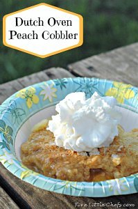 Dutch Oven Peach Cobbler by fivelittlechefs.com - a very simple & delicious dutch oven dessert #Dutch Oven #Peach Cobbler #for campers #recipe