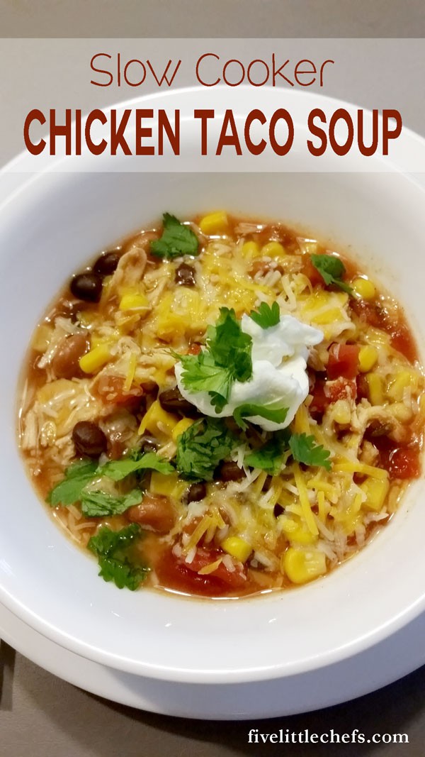 Crockpot chicken taco soup is quick to prepare in the morning making an easy dinner recipe. Use frozen or thawed chicken.
