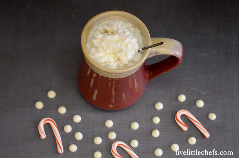 Homemade Vanilla Peppermint Hot Chocolate is surprisingly easy to make. It is creamy with a pop of peppermint. Delicious for a warm winter night or after playing in the snow.