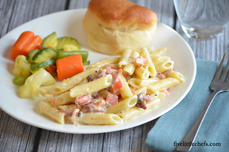 Bacon Alfredo Pasta is a quick meal. When prep time is short for dinner this recipe comes together in less then 30 minutes. Great for families. Comfort foods--yes!