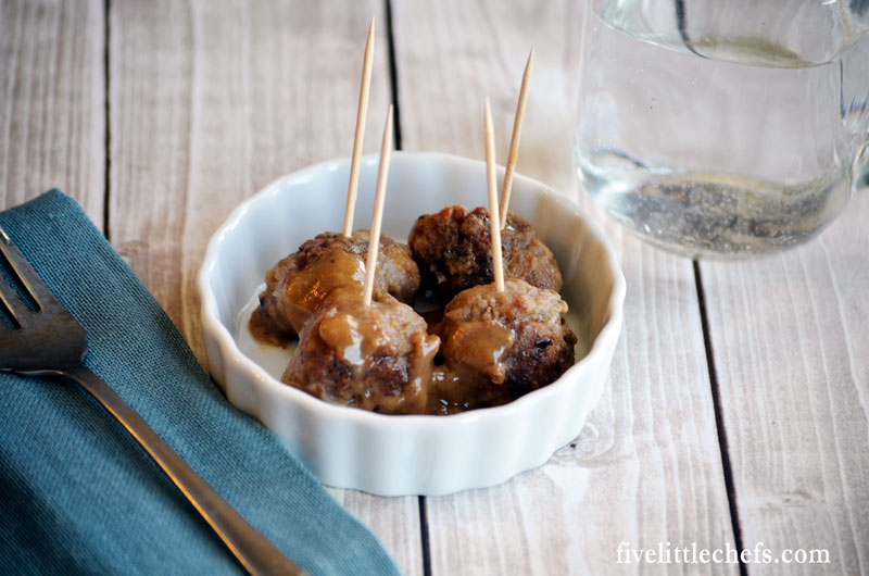 This swedish meatball recipe is a favorite easy appetizer! Form into mini meatballs and serve on toothpicks smothered in a delicious sauce made from the pan drippings.