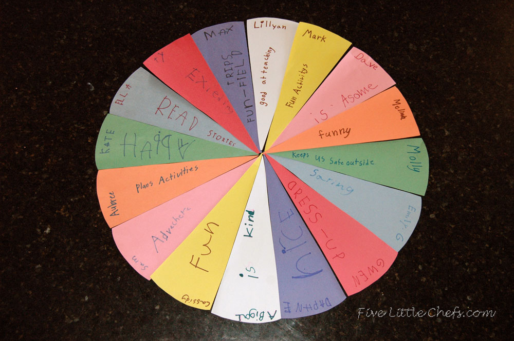 Teacher Appreciation #pie chart door idea from fivelittlechefs.com A fun way to get the students involved an expressing appreciation to their #teacher.