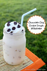 Chocolate Chip Cookie Dough Milkshake by fivelittlechefs.com - a yummy homemade ice cream with a delicious chocolate chip cookie dough mix-in! A perfect shake for hot summer days. #cookie recipe #milkshake #ice cream #recipes