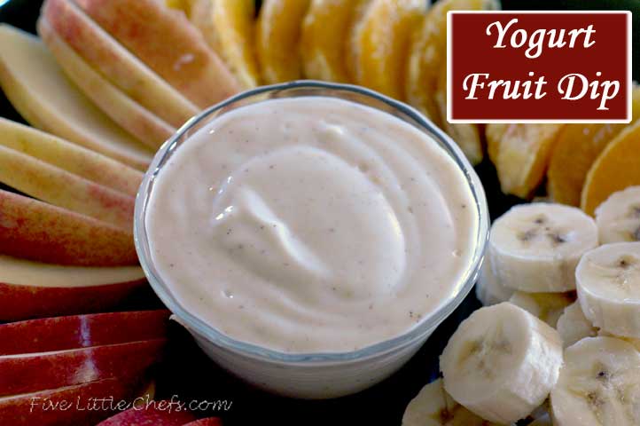 An easy Yogurt Fruit Dip from fivelittlechefs.com with only 4 ingredients. Mix all together well and serve with fresh fruit. #yogurt fruit dip #recipe