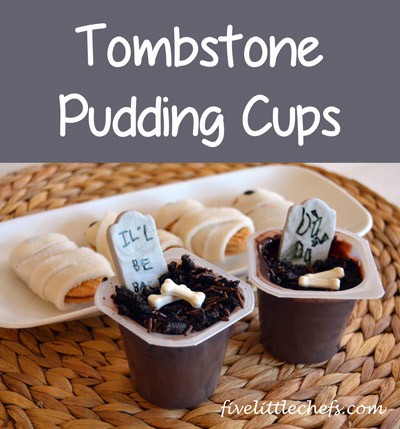 Tombstone Pudding Cups from fivelittlechefs.com #tombstone #halloween
