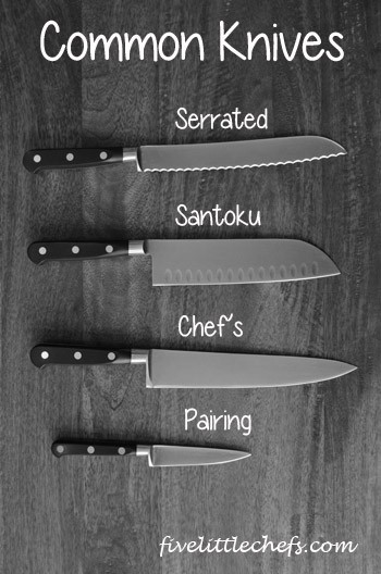 Common Knives image and explanation from fivelittlechefs.com #cookingschool