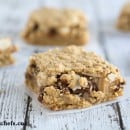 Oatmeal Chocolate Chip Peanut Butter Bars on fivelittlechefs.com is a perfect to serve at a BBQ or fun gathering. This recipe is a tasty treat the will vanish quickly!